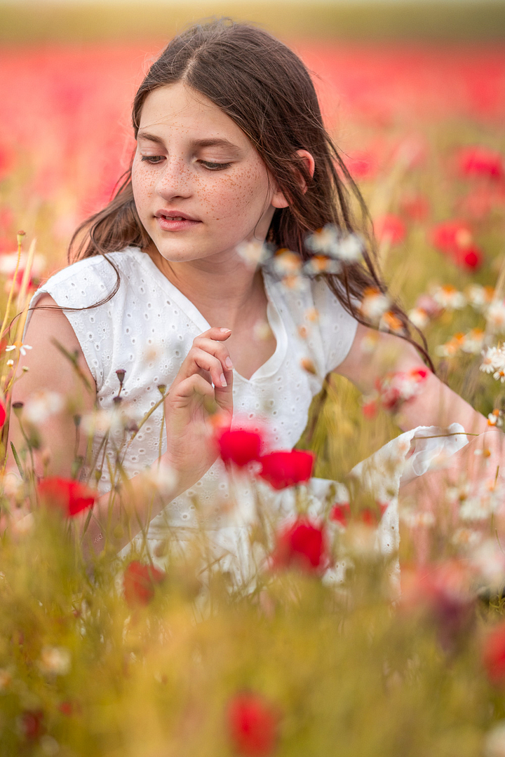 Portrait naturel d’une petite fille assise dans un champ de fleurs rouges