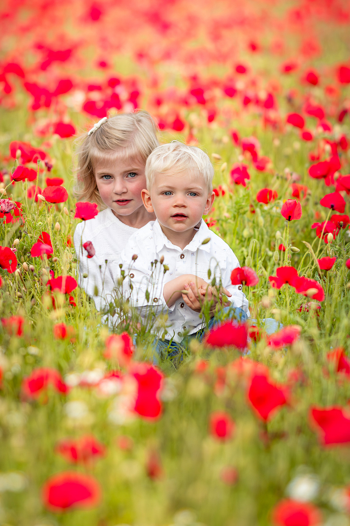 Séance photo avec des enfants dans un décor naturel et coloré au printemps
